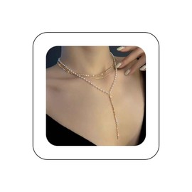 Iaceble Sparkly Layered Pearl Rhinestone Lariat Necklace Long Rhinestone Y Chain Necklace Gold Pearl Beaded Choker Necklacec Tennis Crystal Y Drop Necklace Jewelry for Women