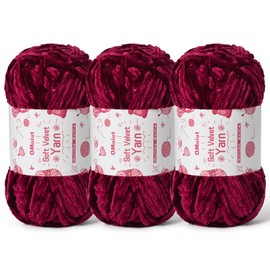 3x100g Fluffy Velvet Chenille Yarn for Crocheting and Knitting, 3x87.4yd Baby Yarn for Crocheting Soft, Crochet Chunky Yarns Amigurumi Yarns (Burgundy)