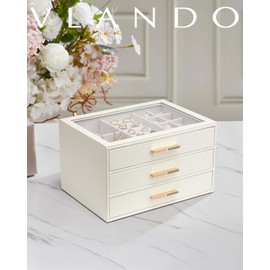 Vlando Jewelry Box for Women Girls,Jewelry Organzier,3 Drawers,Glass Lid Jewelry Organizer Storage for Gem Diamond Necklaces Rings Earrings Bracelets White