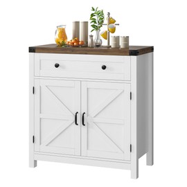 HOSTACK Coffee Bar Cabinet, Kitchen Storage Cabinet, Modern Farmhouse Buffet Sideboard with Drawer and Adjustable Shelf, Barn Door Accent Cabinets for Kitchen, Dining Room, Entryway, White