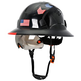 Full Brim Hard Hats with Visor Construction OSHA Approved - Vented Hard Hats for Men,Black Hard Hat with Chin Strap,Safety Helmet Black Hard Hat with Tinted Visor,6 Point Suspension Work Hats