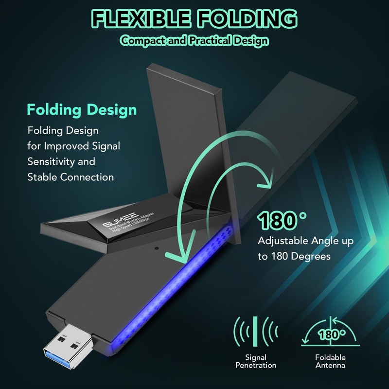 USB WiFi Adapter 1300Mbps Foldable Dual Band Wireless Network Dongle