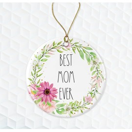 BoomBear Best Mom Ever Ornament - Rae Dunn Ornament - Gift for Mom - Floral Christmas Ornament - Gift for Wife for Mom from Daughter Both Sides, ORNAMENT-MDR8TRERW7-Both-Sides, White