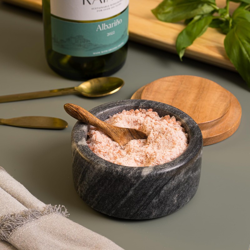 Cork & Mill Grey Marble Salt Cellar with Acacia Wood