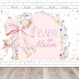 Lofaris Baby in Bloom Banner, 70.8x43.3 Inch, Pink Watercolor Floral Design with Ribbon Bow, Perfect for Baby Showers and Newborn Celebrations, Polyester Fabric