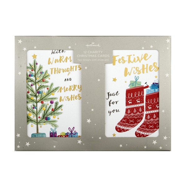 Christmas Colours Boxed Charity Christmas Cards from Hallmark - 12 Cards in 2 Contemporary Illustrated Designs