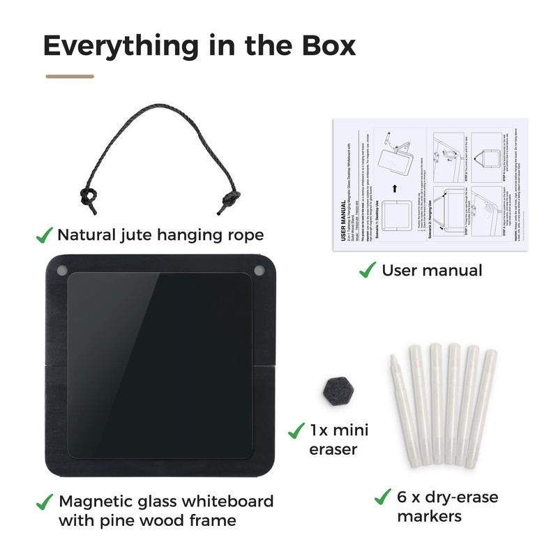 TOWON Glass Desktop Whiteboard with Wood Stand, Foldable, Black Square