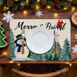 OTOSTAR Christmas Placemats Set of 6, 12x18 Inch Merry & Bright Snowman Watercolor Tree Place Mats Seasonal Winter Xmas Holiday Kitchen Dining Table Mats for Home Party