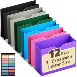 ANSOOK Manila File Jackets & File Pockets Letter Size,Reinforced Straight Cut Tab,Heavy Duty 3" Expansion Manila Folders,12 Pack Job Folder File Jackets Designed for Use in Standard Hanging Files