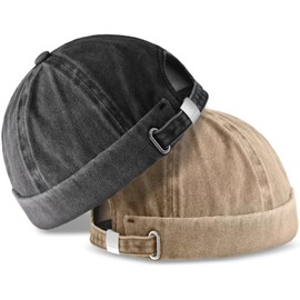 SATINIOR 2 Pieces Brimless Hats for Men Adjustable Docker Casual No Brim Hat Visor-Less Flip Sailor Skullcap(Black, Khaki)