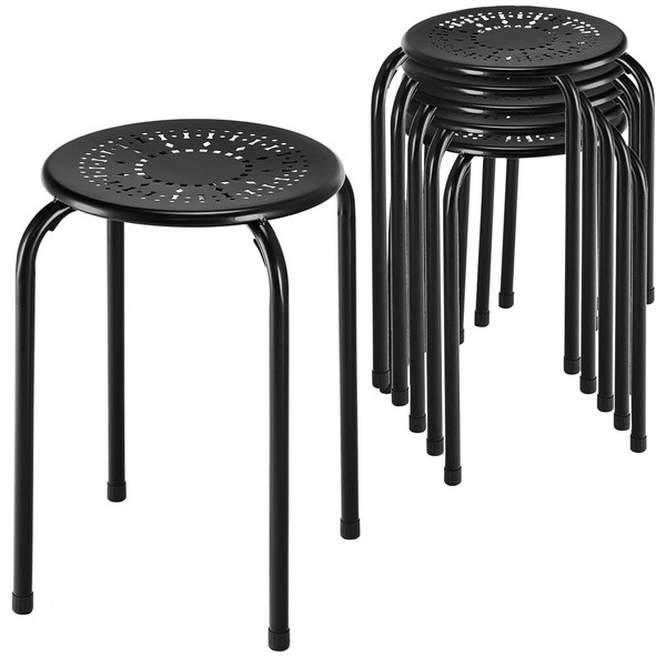 COSTWAY 6-Pack Plastic Stack Stools, 17.5-Inch Portable Stackable Stools with Daisy Design, Backless School Classroom Decoration Stools with Round Top Ideal for Kids Children Students, Black+Steel