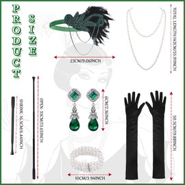 1920s Accessories for Women, 6 Pieces Roaring 20's Flapper Great Gatsby Accessories Set with Headband Long Gloves Pearl Necklace Bracelet Earrings Handheld Holder for Ladies Girls Party Prom (Green)