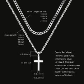AOKSUNS Layered Cross Necklace for Men, S925 Sterling Silver Pendant Mens Silver Stainless Steel Cuban Link Twist Chain Pendant Necklaces Christian Fashion Jewelry Gifts 20/22 inches