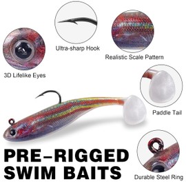Swim Baits for Bass Fishing, 6pcs Pre-Rigged Soft Plastic Fishing Lures Kit Paddle Tail Swimbaits for Crappie Bass Trout Walleye Jigs Freshwater Saltwater, 3.5in/9cm