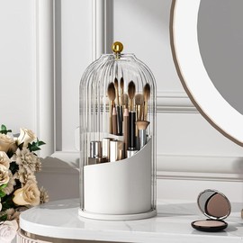 Makeup Brush Holder Organizers with Transparent Door Lid, 360 Rotating Makeup for Vanity,  Bathroom, Desktop, Spinning Make up Container Brush Holder（1 count）:_White