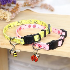 Giecooh Cotton Cat Collar, 2 Pack Breakaway Cats Collars with Bells, for Girl Boy Kittens, Bee and Ladybug
