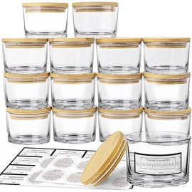 CONNOO 15 Pack 4 OZ Clear Glass Candle Jars with Airtight Bamboo Lids for Making Candles, Bulk Small Wide Mouth Empty Candle Containers with Sticky Warning Labels - Dishwasher Safe