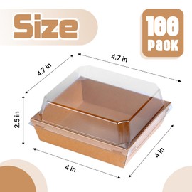 Slomg 50 Pack Plastic Charcuterie Boxes with Clear Lids, 4" Small Paper to Go Food Container for Sandwich Salad Snack, Disposable Mini Bakery Dessert Boxes for Cupcakes Slice Cookies Strawberry Brown