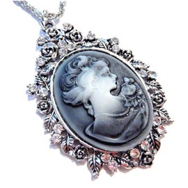 Gray Victorian-Inspired Cameo & Crystal Rhinestones Pendant on Chain Necklace Gothic Steampunk