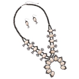 Rosemarie & Jubalee Women's Statement Western Howlite Squash Blossom Necklace Earrings Set, 27"-30" with 3" Extension (Natural White)