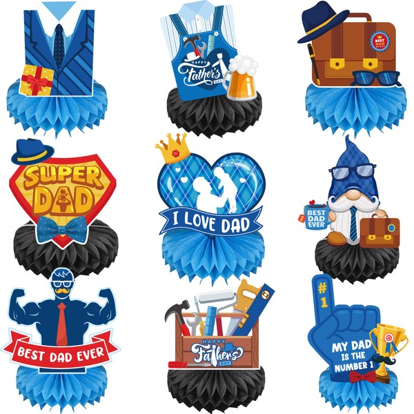 9 Pieces Father's Day Decorations Honeycomb Centerpiece Double Sided Printing