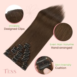 TESS Seamless Clip in Hair Extensions Human Hair Remy Clip ins Natural Soft Straight 8pcs 18Clips, 20 Inch, Dark Brown