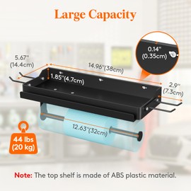 Lifewit Metal Garage Paper Towel Holder with Plastic Shelf, 12 inch Shop Towel Holder, Wall Mount Shelf with 4 Hooks and Phone Stand, Adhesive or Screws, for Clean Station, Craft Room, 1 Pack, Black