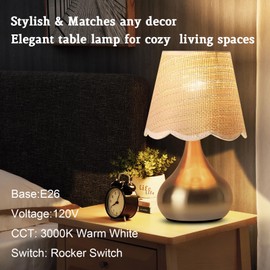 Small Table Lamp - Brass Gold Mini Table Lamps for Bedroom Vintage Decor Bedside Lamps for Night Stands Scalloped Rattan Shade Desk Lamp for Kids Room, Living Room, College Dorm, Home, Kitchen