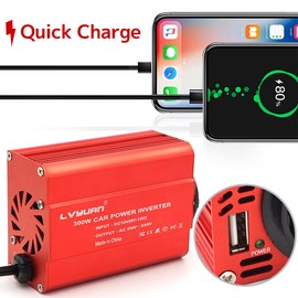 LVYUAN 300W Wechselrichter DC 12 V auf 230V AC Spannungswandler Auto Konverter mit Dual USB Ports & EU-Steckdosen Stromumwandler, Rot Aluminiumlegierung Körper