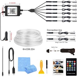Car LED Interior Lighting, 6 m / 6 in 1 RGB Car Interior Lighting, 12 V LED Atmosphere Light Car, App + Remote Control Controllable Interior Lighting Laser, Multicoloured Ambient Lighting