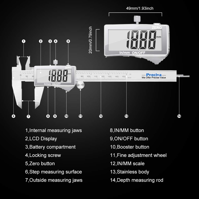 Digital Vernier Caliper, Preciva Electronic Caliper 150mm with Extraordinary LCD