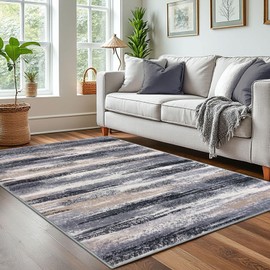 Lansny Modern Abstract 4x6 Living Room Washable Rug Non-Slip Soft Bedroom Area Rug Grey Black Multi Thin Print Faux Wool Floor Carpet Throw Rugs for Nursery Playroom Dining Room Indoor Home Decor