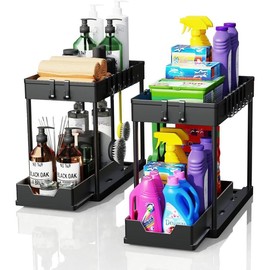 2 Pack Under Sink Organizers and Storage, 2-Tier Sliding Cabinet Basket Organizer with Hooks, Multi-Purpose Under Sink Organizers and Storage for Bathroom Kitchen Racks Racks - Color: Black 2 Pack