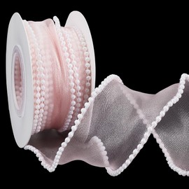 FINGERINSPIRE 4.5M Pink Sheer Wired Ribbon with Pearl Edges 40mm Pearl Edged Sheer Wire Ribbons Wired Ribbon for Bow Tie Making Wreaths Bouquet Gift Wrapping Wedding Bridal Shower Decor