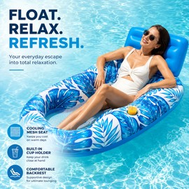 Adult Inflatable Pool Lounger for Summer Relaxation – Mesh Seat Float with Backrest, Foot Opening & 2 Cup Holders