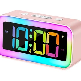Cute Pink Loud Alarm Clock with RGB Night Light - Perfect for Girls Room Decor - Color: Pink