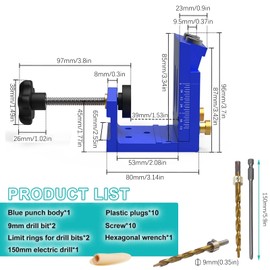 Adjustable Wooden Dowel Pocket Hole Drilling Template Blue Oblique Hole Drilling Template Furniture Construction Pocket Hole Jig Set, Dowel Aid Drilling Jig with 2 Pieces 9 mm Drilling Oblique