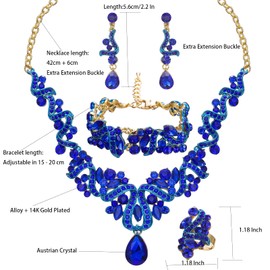 QYJ Women's Jewelry Set Rhinestone Crystal Bride Statement Snake Necklace Link Bracelet Teardrop Dangle Earrings Set for Wedding Party Gifts fit with Wedding Dress(Set001-Style2-Blue-Gold Plated)