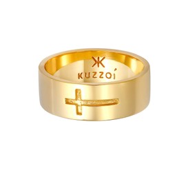 Kuzzoi 0610410620 Men's Band Ring with Cross Motif Made of 925 Sterling Silver Gold-Plated Wide Silver Ring (8 mm) in Golden Design, Wide Ring for Men with Cross, Ring Size 60 - 66, Sterling Silver