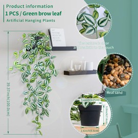 LOYWREE 2 Pack Artificial Plants Indoor Small Fake Hanging Plant with Pot 39-in Long Faux Potted Vine Green Eyebrow Leaf for Shelf Home Office and Outdoor Garden Decor(Black Pot)