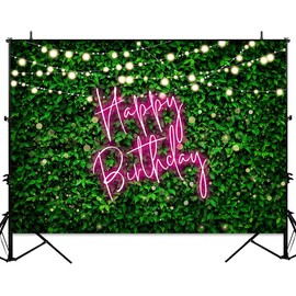 Sensfun Green Leaves Happy Birthday Backdrop Pink Neon Birthday Greenery Photography Background Adults 30th 40th 50th Birthday Party Decorations Banner Photo Studio Props 7x5ft