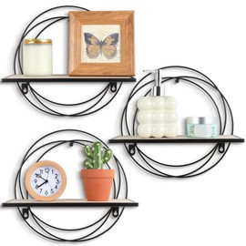 Yaocom 3 Pcs Floating Shelves Wall Mounted Hanging Shelf with Metal Wire and Wood, Foldable Round Shelf Wall Decor for Storage Bedroom Bathroom Living Room Kitchen Office Home Decoration (Black)