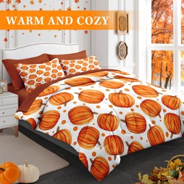 Pamnest Comforter Set Queen Size, Fall Cute Cartoon Pumpkin 7 Pcs Bedding Set for Kids and Adults, Autumn Harvest Bed Sheet Sets with Fitted Sheet 2 Pillowcase & 2 Sham for Bedroom Bed Decor