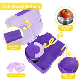 TinyPalsa Kids Bento Lunch Box, Kids Leakproof Lunch Food Containers, Kids Insulated Hot Food Jar with Lunch Bag for School, Trvael(Purple)