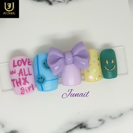 Light purple ribbon handmade nail tip - Short stiletto / 연보라리본 수제네일팁 - 숏스틸레토