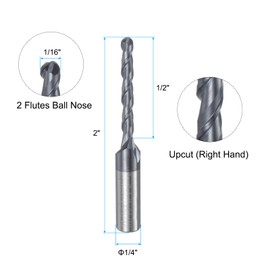 sourcing map Ball Nose End Mill CNC Router Bit, 1/16" Radius 1/4" Shank Solid Carbide TiAlN Coated Upcut Spiral 2 Flutes Cutter Milling Tool, 1/8" Dia 2" Total Length