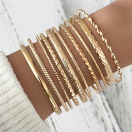 10pcs Gold Bangle Bracelets Set Gold Silver Plated Boho Vintage Multi Layer Chunky Stackable Indian Textured Metal Bracelets for Women Minimalist Wedding Bridal Prom Party Trendy Jewelry Gifts (Gold)