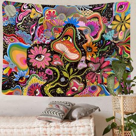 Simpkeely Aesthetic Tapestry Mushroom Eye Tapestry Wall Hanging Floral Tapestry Colorful Hippie Tapestries for Bedroom - 70.9" x 90.6"
