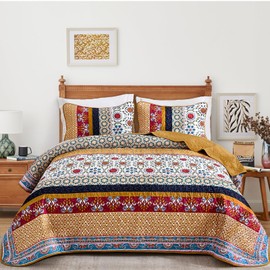 Yiran Boho Quilt Set King Size Tango Orange Patchwork Bedspreads Bedding Set Spring Summer Lightweight Bohemia Farmhouse Coverlet Set 110x90 Inch