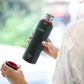 Cello Dura Tuff Steel Series- Kent Double Walled Stainless Steel Water Bottle with Durable DTP Coating, 900ml, Military Green